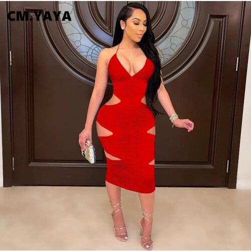 CM.YAYA Women Dress Solid Sleeveless Halter Backless Hole Stacked Bodycon Midi Dresses Sexy Night Clubwear Summer Outfits 2021