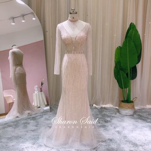 Luxury Beading Blush Pink Mermaid Prom Dresses Long Sleeve Dubai Evening Gowns Backless Graduation Dress for Women Wedding Party