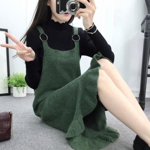 Winter Korean Elegance Vintage Long Vest Dress Autumn Elegant Green Ruffle Vestidos Female Sleeveless Sweater Dresses Y663