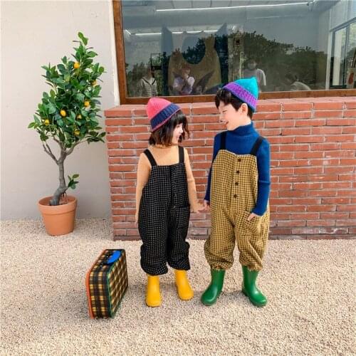 Winter korean style 2020 warm polar fleece lining plaid overalls for boys and girls thicken loose casual suspender trousers
