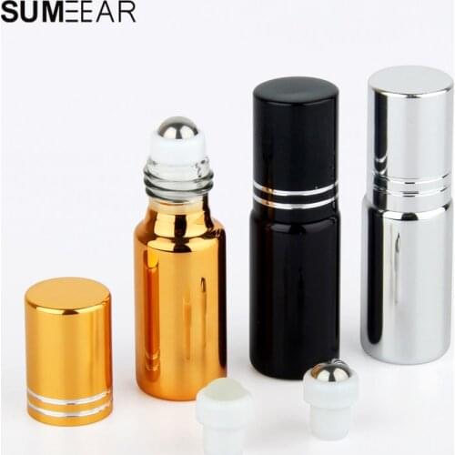 100 pieces/Lot 5ml Essential Oil Bottles Mini Empty Roller Bottles Gold Silver Black UV Glass Refillable Perfume Bottle