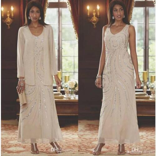 2021 Elegant Mother of the Bride Dresses With Jacket Beaded Ankle Length Wedding Guest Dress for Mother Mothers Dresses