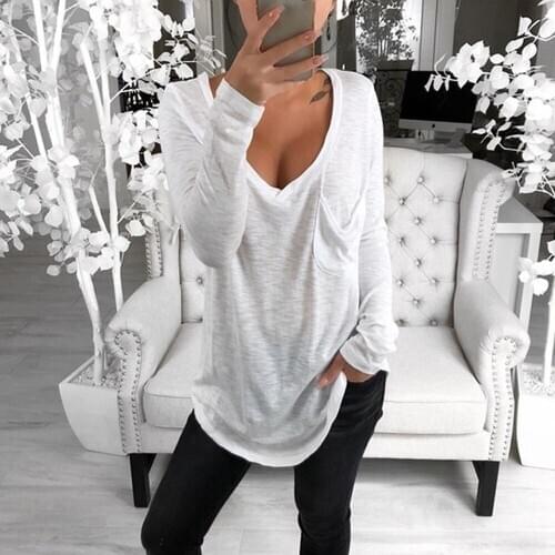 2021 New Womens Fashion Popular Spring And Autumn Sexy V-Neck Loose Pocket Foreign Trade Leisure Long Sleeve Bottomed T-Shirt