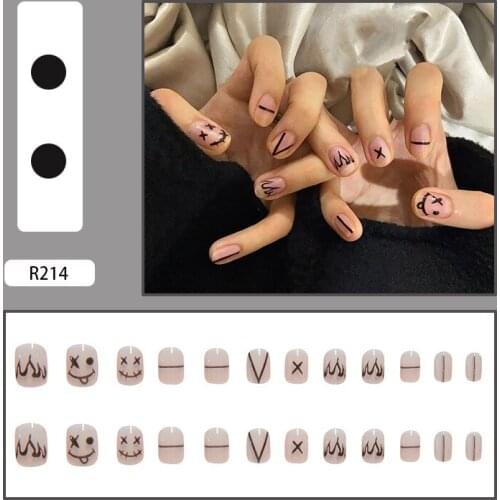 High Quality 24pcs Black Lines Printed Nail Patch Glue Type Removable Short Paragraph Fashion Manicure False Nail Patch