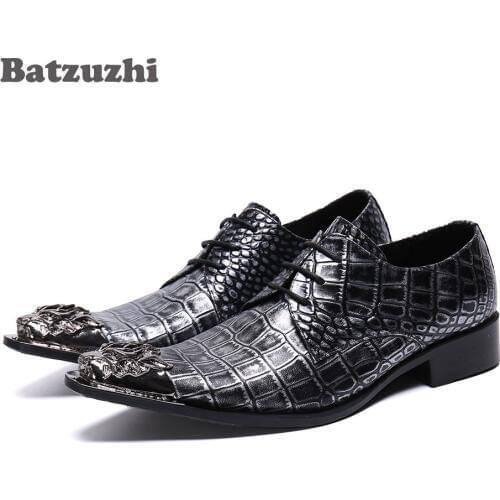 Batzuzhi Handmade Men Shoes Pointed Metal Tip Leather Dress Shoes Men Business Lace-up zapatos de hombre, Big Size 38-46