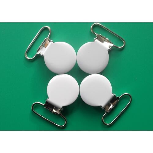 Free Shipping 20Pcs White Round Top Enamel Metal Suspender Clips,Pacifier Clip For 25MM Ribbon,With Plastic Teeth,Lead Free