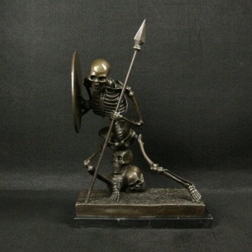 Bronze Sculpture Abstract Skeleton Warrior with Spear and Shield Statue Collectible Figurine Art Home Decor