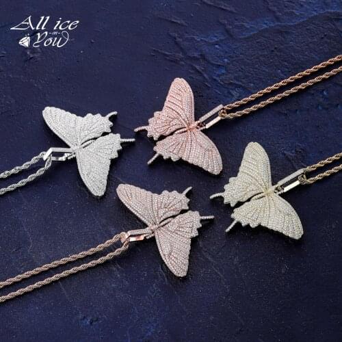 ALLICEONYOU High Quality Iced Out Cubic Zirconia Butterfly Pendant&Necklace With Tennis Chain Hip Hop Fashion Jewelry Gift