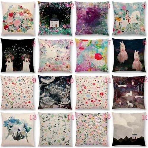 Dream Garden Spirit Night Cat Deer Pattern Pillow Case Cotton Linen Cushion Cover 18" for Home Sofa Bedroom Decor
