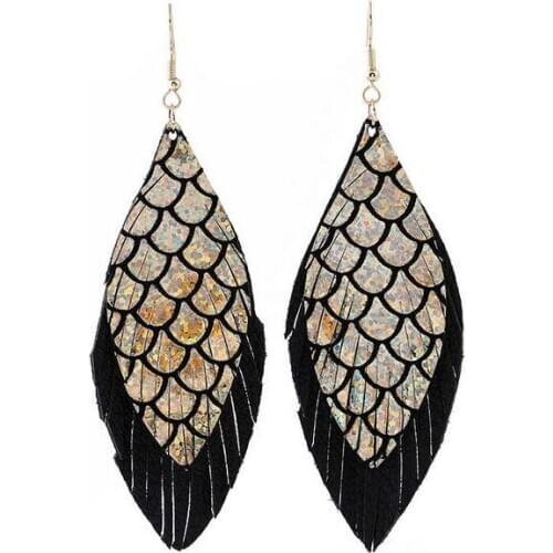 E7721 ZWPON Gold Color Mermaid Genuine Leather Feather Earrings for Women Trendy Layered Christmas Leaf Earrings Jewelry