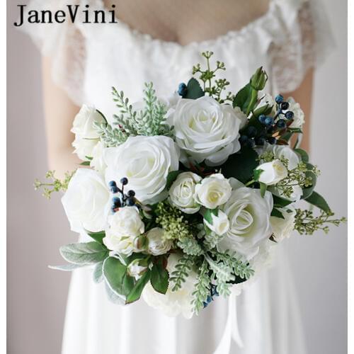 JaneVini Romantic Wedding Bouquet White Bridal Flowers Green Leaves Artificial Silk Roses Boho Fake Bouquet Wedding Accessories