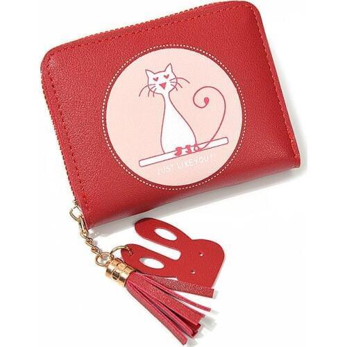 Zipper Coin Purse Short Women Wallet ID Cards Holder Cat Prints Woman Wallets Moneybags Lady Tassels Purses Notecase Mini Bags