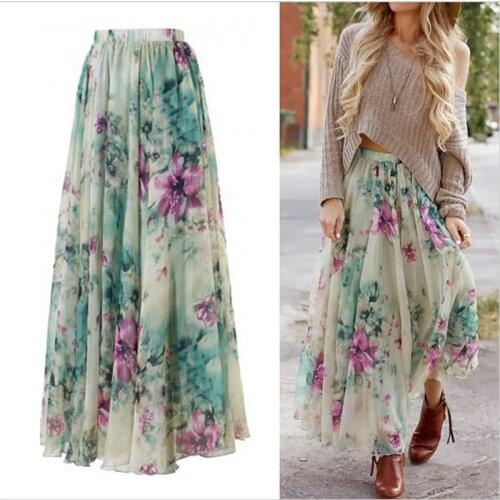 Summer Boho Maxi Skirt Plus Size Women Chiffon Floral High Waist Long Maxi Skater Pleated Skirts for Women Boho Clothing Saias