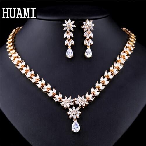 HUAMI Ins Hot Sale Fine Jewelry Top Quality Women Water Drop Earrings and Pendant Necklace Sets Flower Big Chian Gold Necklace