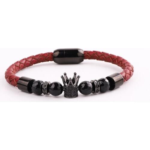High Quality Men Bracelet New Design Stainless Steel Clasp Natural Stone CZ Crown Charm Genuine Leather Bracelet Men