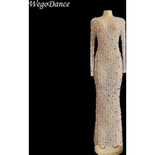 New Sparkly Rhinestones Mesh Long Dress Womens Birthday Celebrate See Through Net Dress Stage Costume Dance Outfit