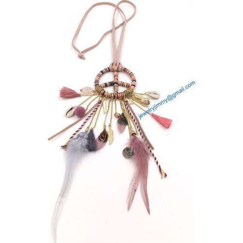 New design Luxury long statement bib Necklace Bohemian Necklace Pink leather cord feather pendant tassel with peace symbols