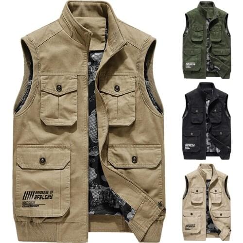 2021 Autumn Spring Mens 100% Cotton Sports Fishing Reporter Work Multi-pocket Vest Waistcoat Male Sleeveless Jackets Homme Coats