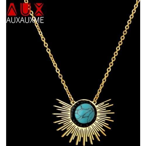 Auxauxme New Bohemian Style Sun Flower Turquoise Pendant Necklace Stainless Steel Women Jewelry Gifts