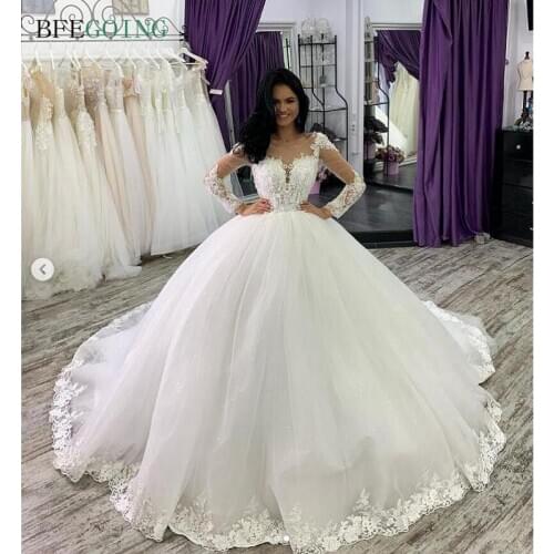 Luxurious Ivory Tulle Lace Beading Long Sleeves Floor-Length Ball gown Wedding dress Chapel Train Custom made