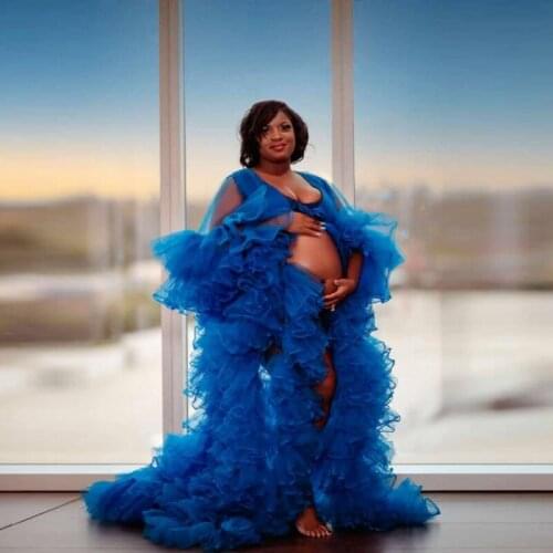 Blue Tulle Ruffles Maternity Photoshoot Dresses Bridal Fluffy Prom Gowns Photography Costume Wear Bathrobe