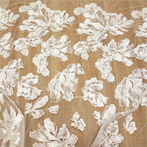 Beaded big flower shape fabric embroidery decorative fabric lace ivory for dress
