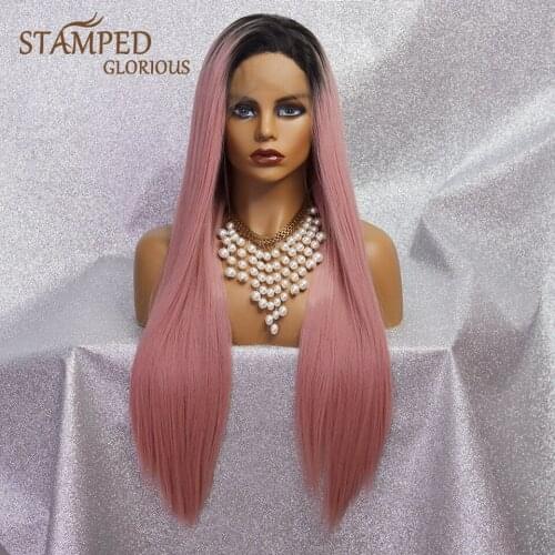Stamped Glorious Long Straight Lace Front Wig for Women 13x4 Long Wigs Ombre Black Pink Synthetic Cosplay Wig High Temperature