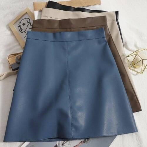 Temperament solid color A-line skirt womens autumn new style PU Korean style bag hip high waist short skirt trend