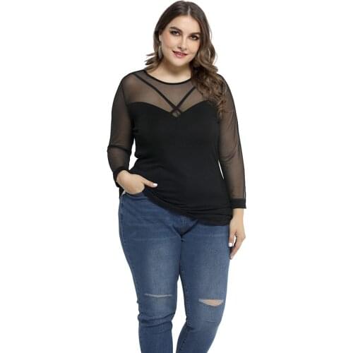 2021 Sexy Transparent Plus Size Tops Women Lace Patchwork Blouse Summer Bodycon Long Sleeve Mesh Blusas Office Lady Elegant Top