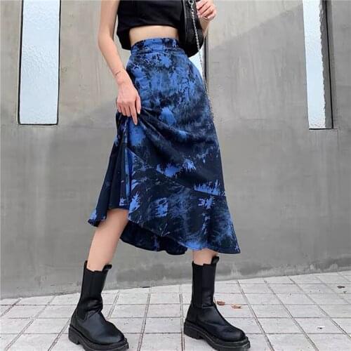 Xingqing Women Fashion Tie-dye Skirt Ladies Female Stylish Ruffle Hem Skirt for Party Gathering Summer Skirts