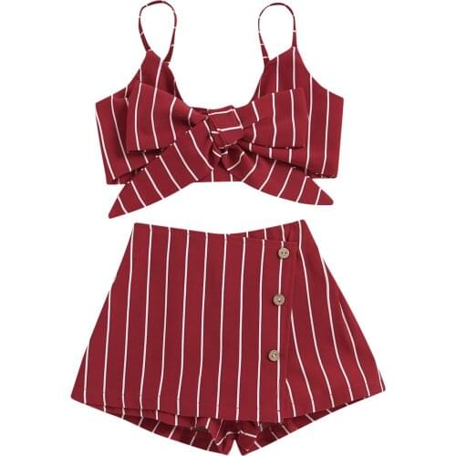 1-7Y Toddler Kids Baby Girl Striped Sleeveless Bow Camis Tops High Waist Skirted Shorts 2PCS Outfits Summer Clothes Set