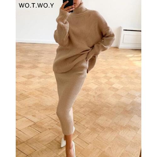 WOTWOY Autumn Winter Turtleneck Sweater and Skirt 2 Pieces Set Women Solid Loose Pullovers Female Skirt Long Sleeve Knitted Tops