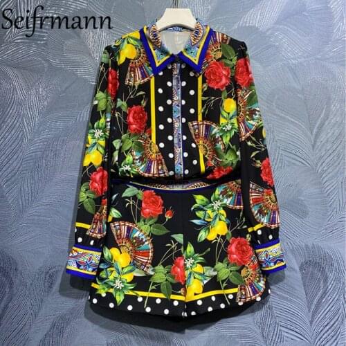 Seifrmann New 2021 Summer Women Fashion Runway Shorts Set Lantern Sleeve Floral Printed Loose Blouses + High Waist Shorts Suits