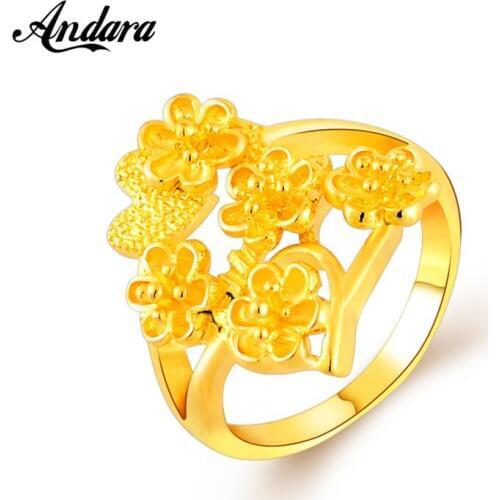 Luxury Brand Women Rings 24k Yellow Gold Color Fashion Elegant Flower Rings For Wife Girl Jewelry Gift