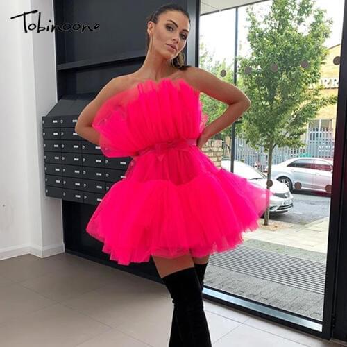 Tobinoone Sexy mesh dress women sleeveless cake dresses ladies Autumn party christmas dress short ruffle vestidos festa 2019 new