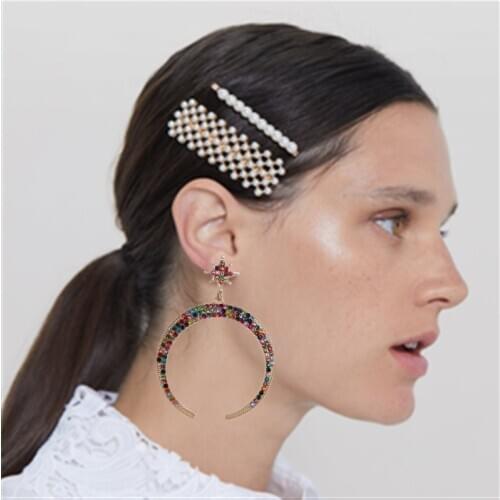 Luxury Full Rhinestone Big Moon Earrings Women Vintage Statement ZA Earrings Jewelry Femme Large Circle Drop Earrings for Women