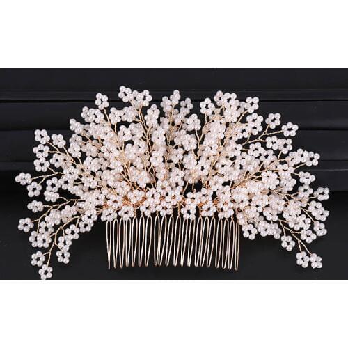 Gold Handmade Flower Crystal Pearl Noiva Hair Combs Bridal Wedding Hair Accessories Headband with Comb Bride Tiara Head Jewelry