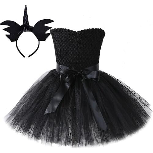 1-12Y Princess Halloween Dress for Girls Evil Costumes Polka Dot Tutu Dresses Solid Black Witch Costume for Child Birthday Party