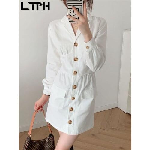 LTPH temperament white blazer dress women long sleeve single breasted high waist slim chic vintage short dresses 2021 autumn new