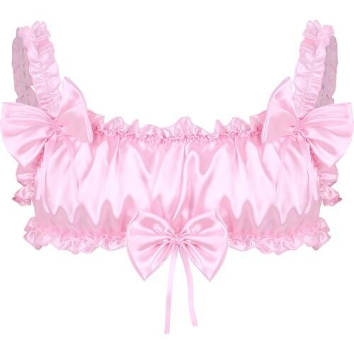Mens Sissy Lingerie Smooth Soft Satin Ruffled Frilly Elastic Wide Shoulder Straps Backless Wire-free Bra Top Gay Sexy Underwear