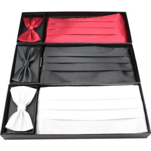 High Quality Men Dress Girdle+Bow Tie+Square Towel Handkerchief Gravata Borboleta Men Wedding Bowtie Butterfly Burgundy Gift Box