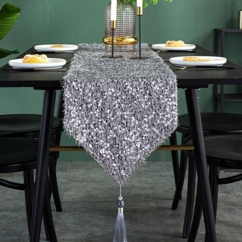 DUNXDECO Table Runner Party Long Table Cover Fabric Luxury Modern Shiny Silver Sequin Tassel Home Bedding Decorating Fabric