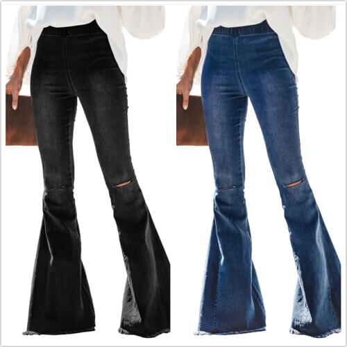 New Black and Blue Womens High Waist Denim Flared Pants Ripped Elastic Waist Jeans Fashion Casual Trousers S-2XL Drop shipping