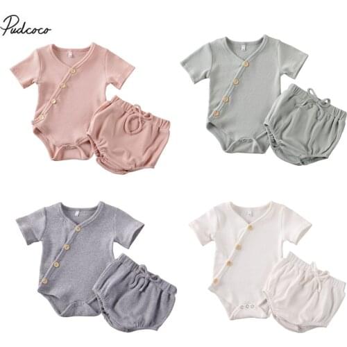 2020 Summer Newborn Infant Baby Baby Girl Clothes Soft Cotton Solid Tops T-shirt & Shorts For Children Outfits Loose 2PCS Set