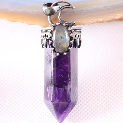 Charm Necklace Pendant Gem Natural Purple Crystal Labradorite Bead Hexagon Antique Crown Half Moon Jewery Gift 1Pcs K796