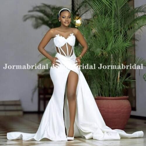 Sexy High Slit White Illusion Wedding Dresses Sweetheart Neckline Drapped Satin Bridal Dress For African Women Robe Fete Femme