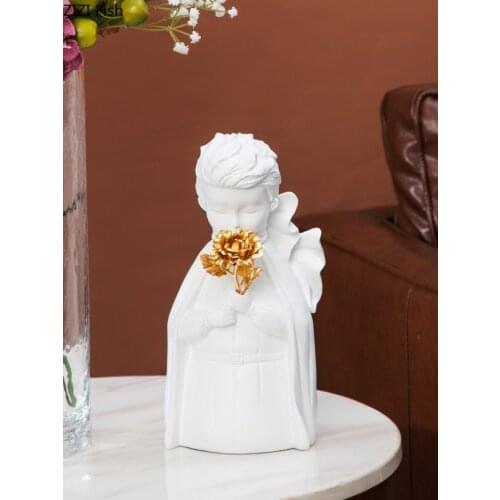 Modern Resin White Prince Statue Golden Flowers Living Room Bookcase Desktop Decoration Cute Character Sculpture Home Decoration