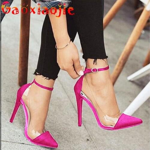 New Patchwork Women Pumps Fashion Pointed Toe Transparent PVC Party Stiletto Shoes 11.5CM Buckle Strap Models Show High Heels