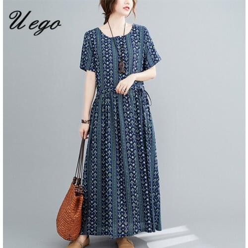 Uego Short Sleeve Loose Summer Dress Print Floral Vintage Dress Plus Size Loose Holiday Beach Casual Dress Women Long Dress