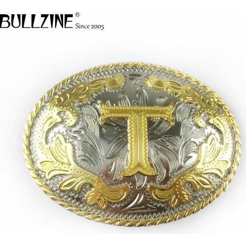 The Bullzine western flower with letter "T" belt buckle with silver and gold finish FP-03702-T for 4cm width snap on belt